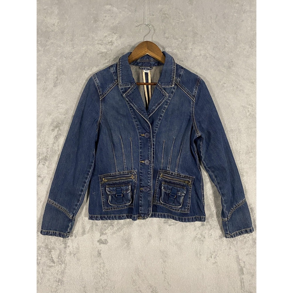 Vintage Old Navy‎ Jacket Sz L Blue Denim Utility Pockets Blazer 04 Y2K Grunge